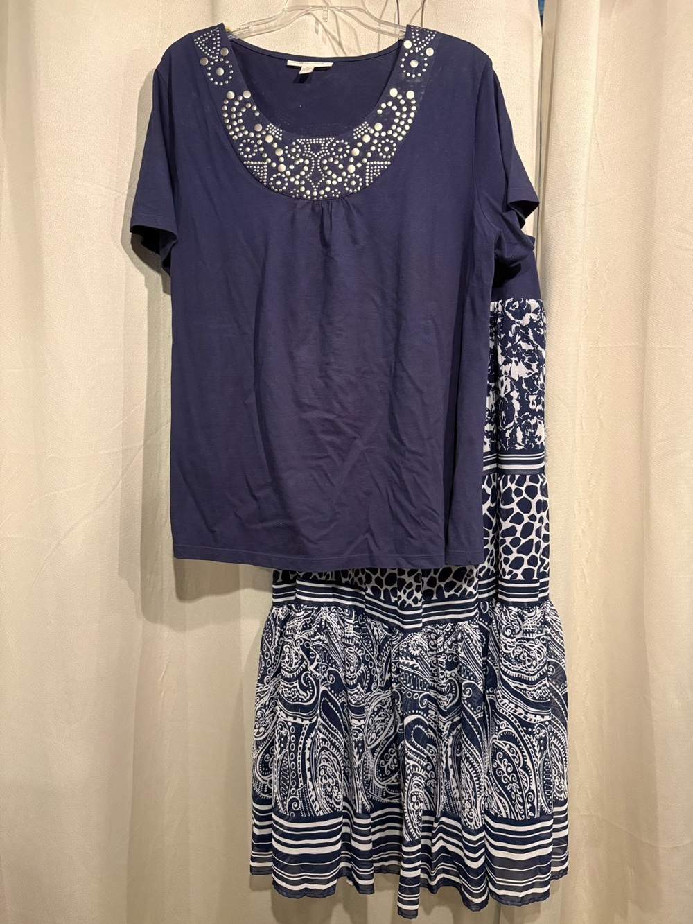 Blue Short Sleeve Top w\ Embellished Scoop Neck with Blue and White Tiered Skirt